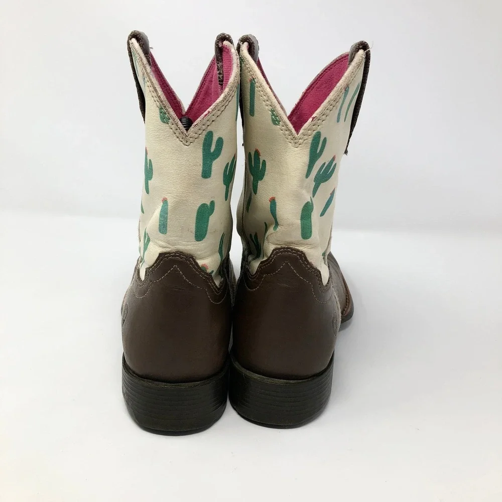 Ariat Youth Girls Size 3 Cactus Print Brown Leather Round Toe Western Boots